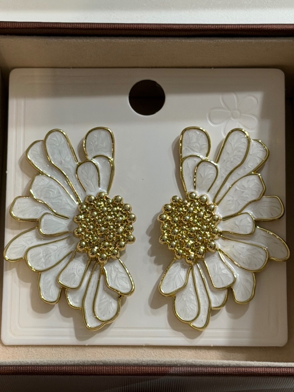 Vintage Elegant Statement Ivory White Floral Petal Enamel Earrings Gold Accents